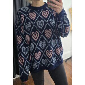 Vintage 80s Adele Blue Pink Hearts Cute Granny Sweater